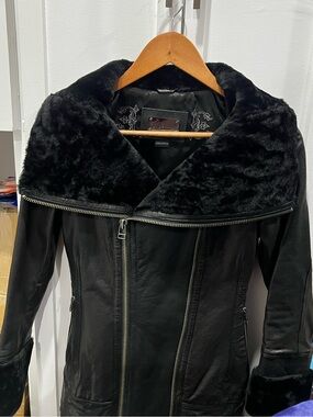 Mackage Black Leather Jacket with Faux Fur Collar